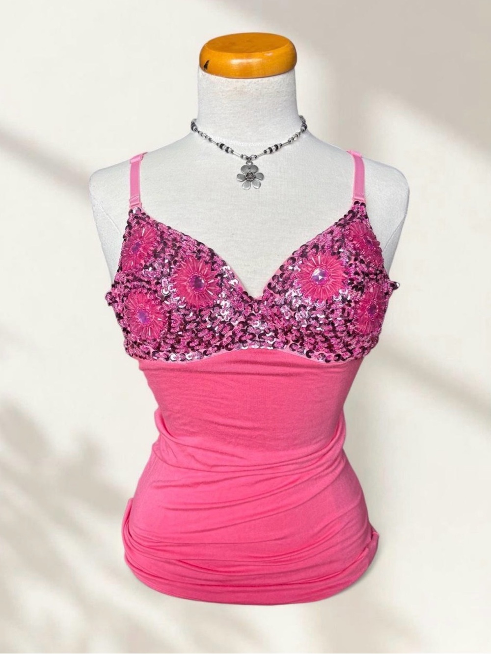 Pink Sequin Crochet-Embellished Camisole Tank